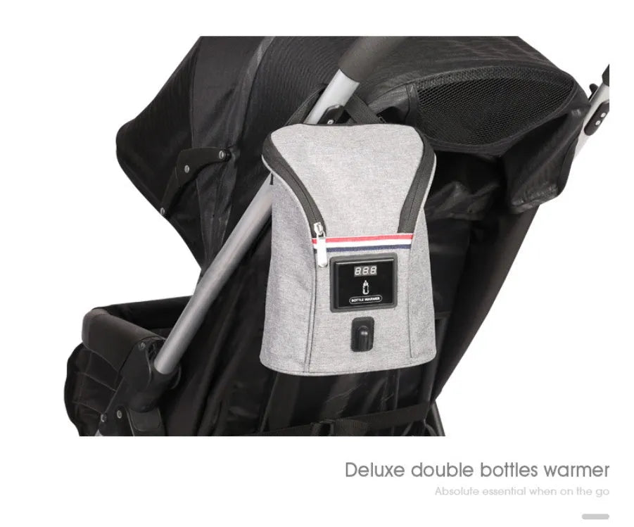 Grey Oxford cloth car USB baby bottle warmer with electronic display and hanging buckle