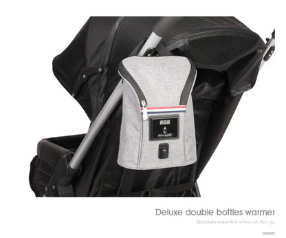 Grey Oxford cloth car USB baby bottle warmer with electronic display and hanging buckle