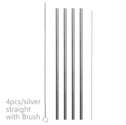 Colourful reusable stainless steel drinking straws with cleaning brush, perfect for eco-friendly sipping.