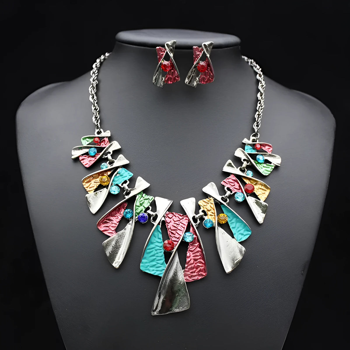 Alloy diamond necklace and earrings set with water wave chain, mixed stone pendant, blue or multicolour.