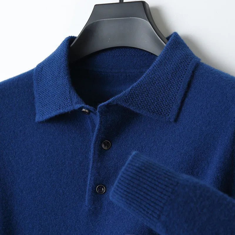Men's woolen polo collar pullover sweater in seven colour options with long sleeves and textured stitching details