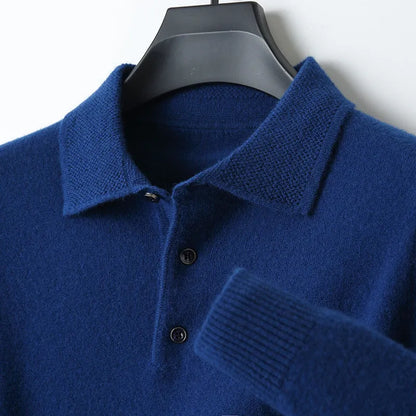 Men's woolen polo collar pullover sweater in seven colour options with long sleeves and textured stitching details