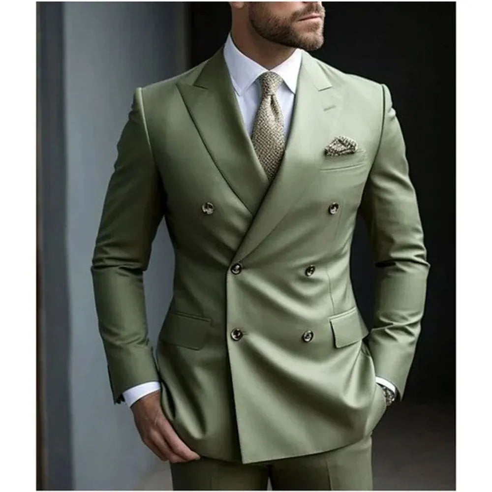 Man wearing a grey Korean-style slim fit two-piece suit with a structured jacket.
