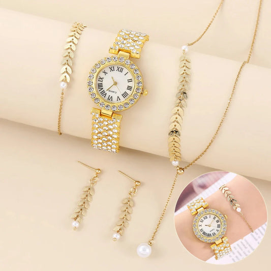 Diamond women's watch with rhinestone quartz bracelet in golden, silver, and rose gold suits