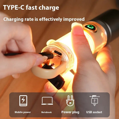 Orange or beige 10W rechargeable flashlight with hook, keychain, and optical zoom.