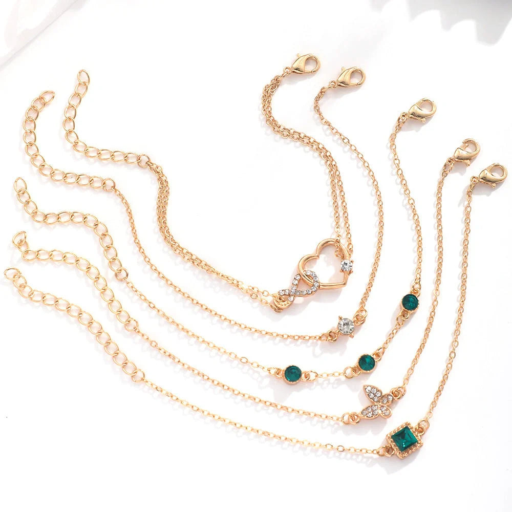 Bohemian 5-piece green crystal bracelets set for women featuring a unique heart design
