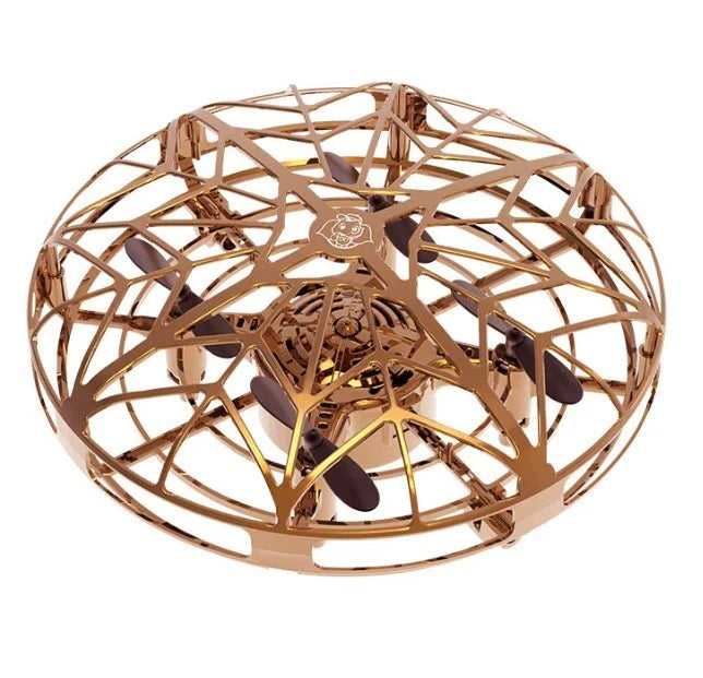Futuristic mini drone helicopter with UFO-inspired design, automatic obstacle detection, and intuitive controls