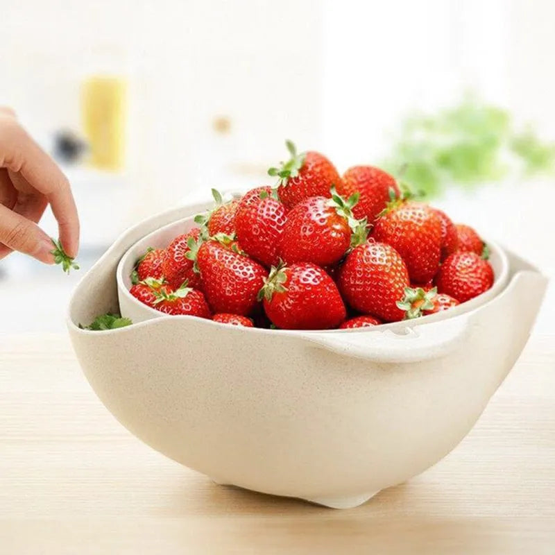 Blue double-deck plastic kitchen basket for washing rice, fruits and vegetables