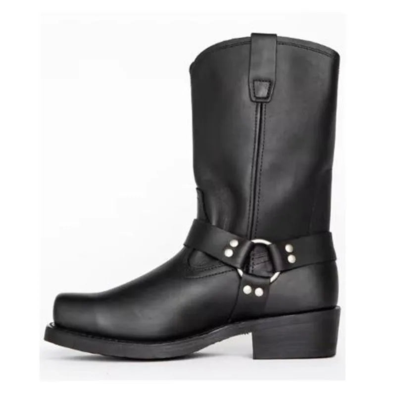 Men's brown cowboy boots with silver buckle ring detail on high-top leather design