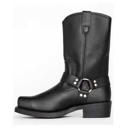 Men's brown cowboy boots with silver buckle ring detail on high-top leather design