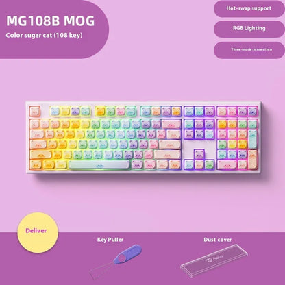 MG108B Coloured Sugar Cat themed mechanical keyboard with piano shaft switches on a desk.