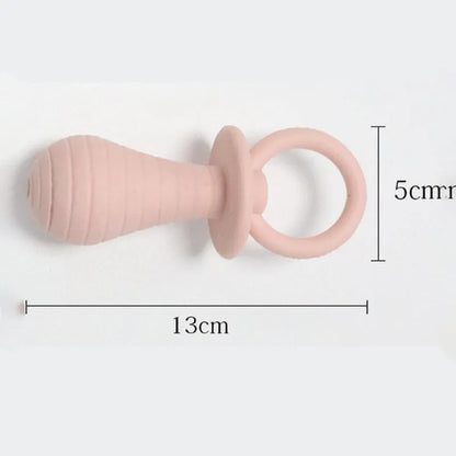 Blue TPR pet pacifier chew toy with squeaker for puppies and kittens on a white background.