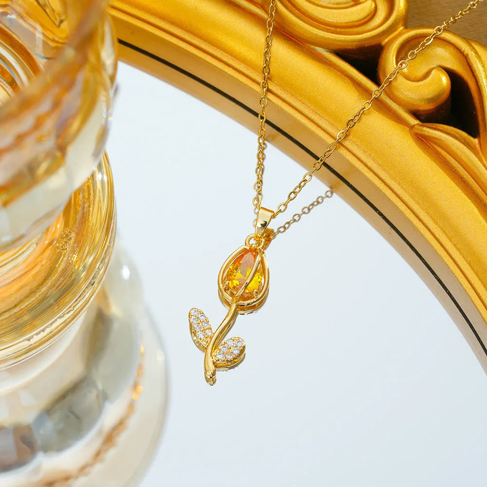Zircon Tulip necklace with floral pendant on adjustable O-ring chain in gold colour options