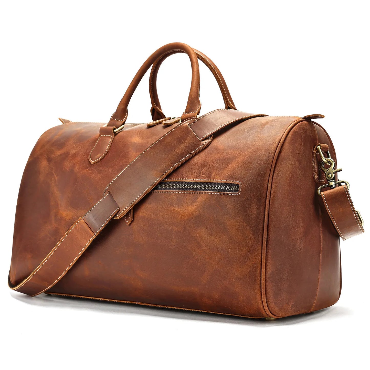 Men's vintage-style genuine leather crossbody bag in black, shown with spacious main compartment.