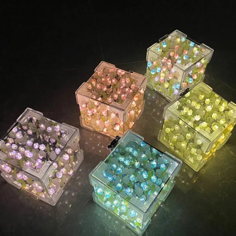 Handmade DIY Tulip Flower Small Night Light DIY Material Pack with Built-in Battery for Romantic Atmosphere Home Decor Mirror Lamp in Pink Blue Purple Yellow Rose Colour Options