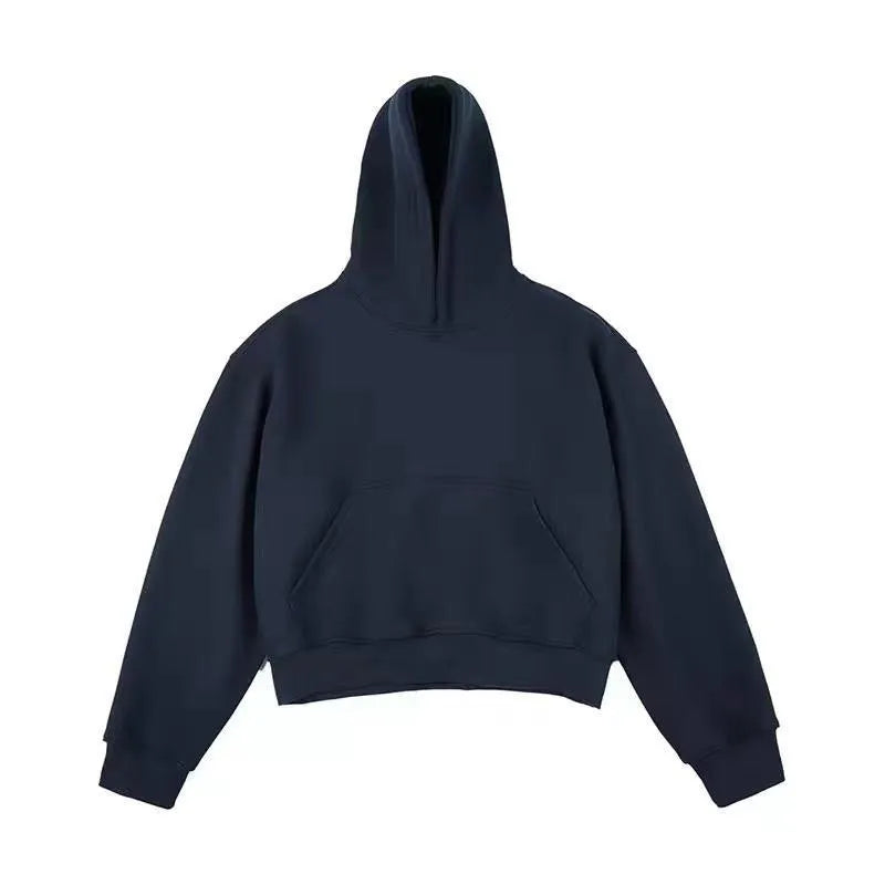 Short Chinese cotton composite hooded sweater with removable hood in dark grey.