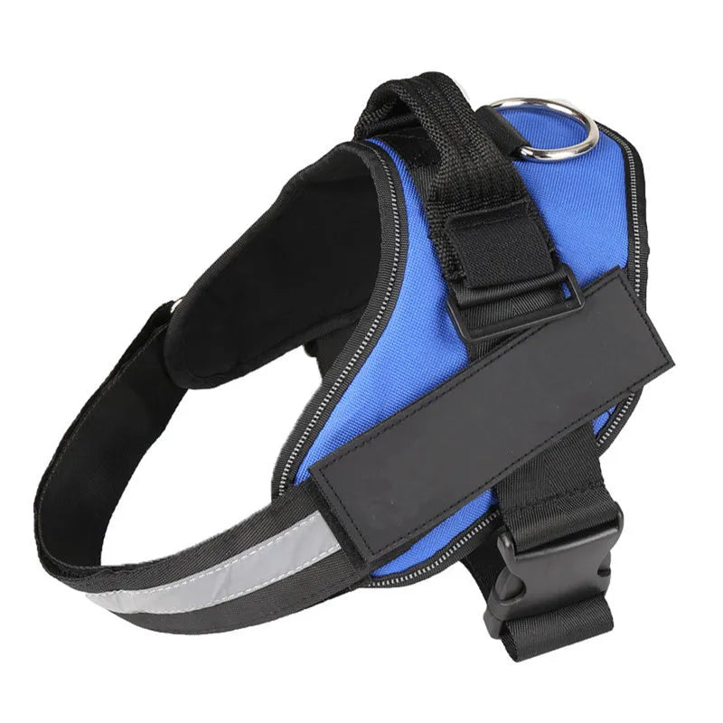 Adjustable reflective nylon dog harness vest with a sturdy handle and chest strap, shown on a size chart.