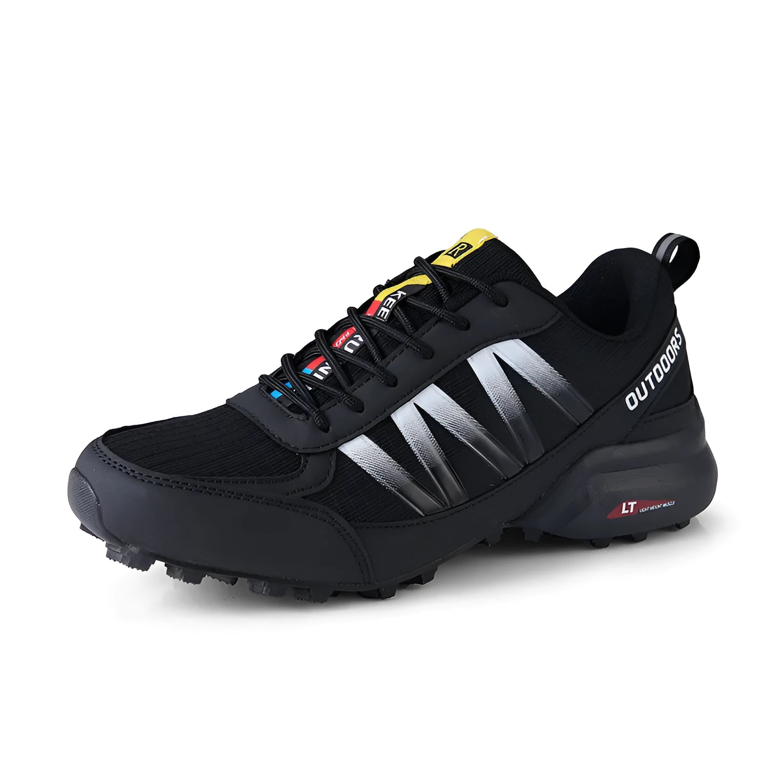 Men's black mountaineering sneakers with a rubber sole and lace-up front on a rocky surface.