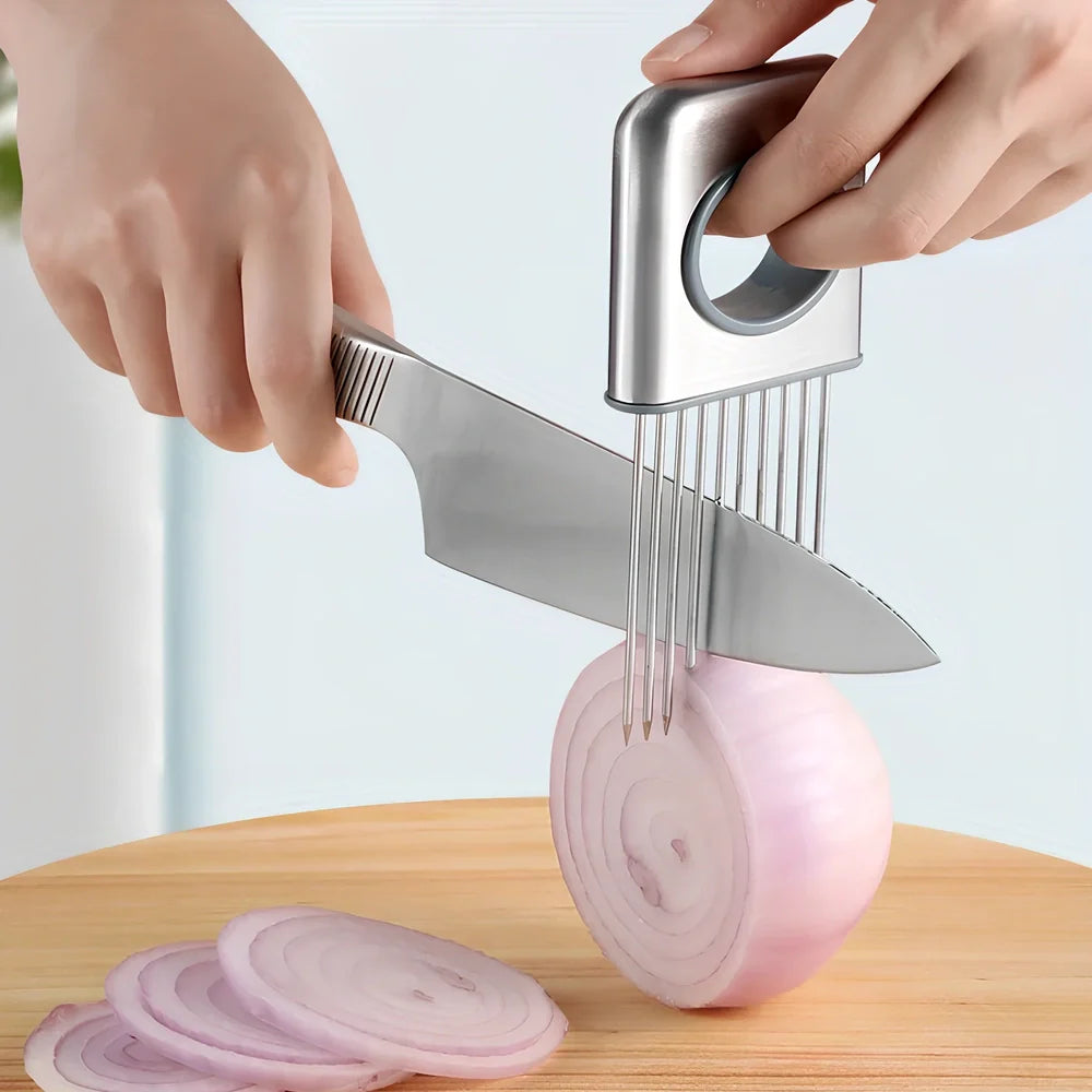 Stainless steel onion holder with black ABS handle for slicing and meat tenderising