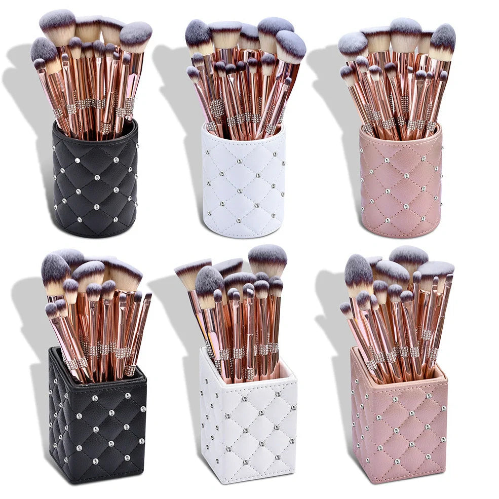 Rose gold electroplated makeup brush set with 14 pieces showing 20cm length and PU storage bag