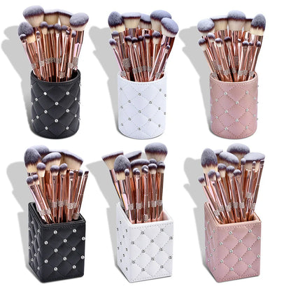 Rose gold electroplated makeup brush set with 14 pieces showing 20cm length and PU storage bag