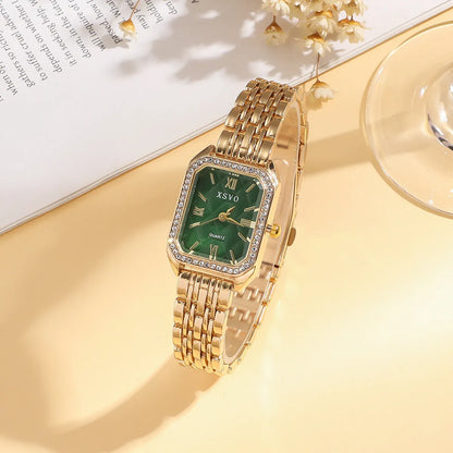 Gold green square women's watch with four matching butterfly bracelets on display