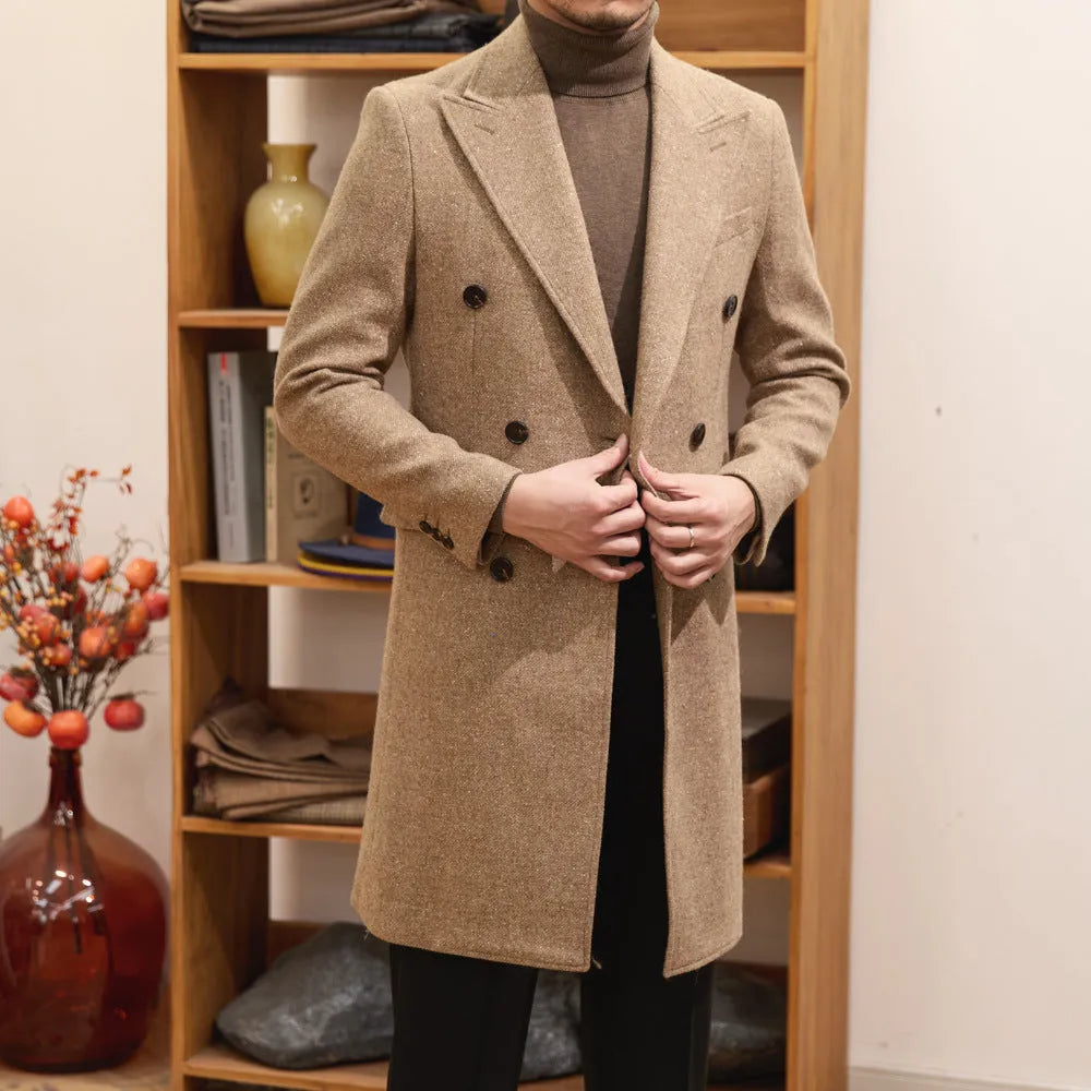 Brown double-breasted slim men's jacket with side seam pockets and straight hem