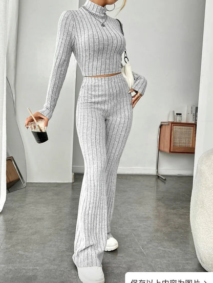 Women's cotton long sleeve turtleneck and wide leg high waist trousers suit in various colours