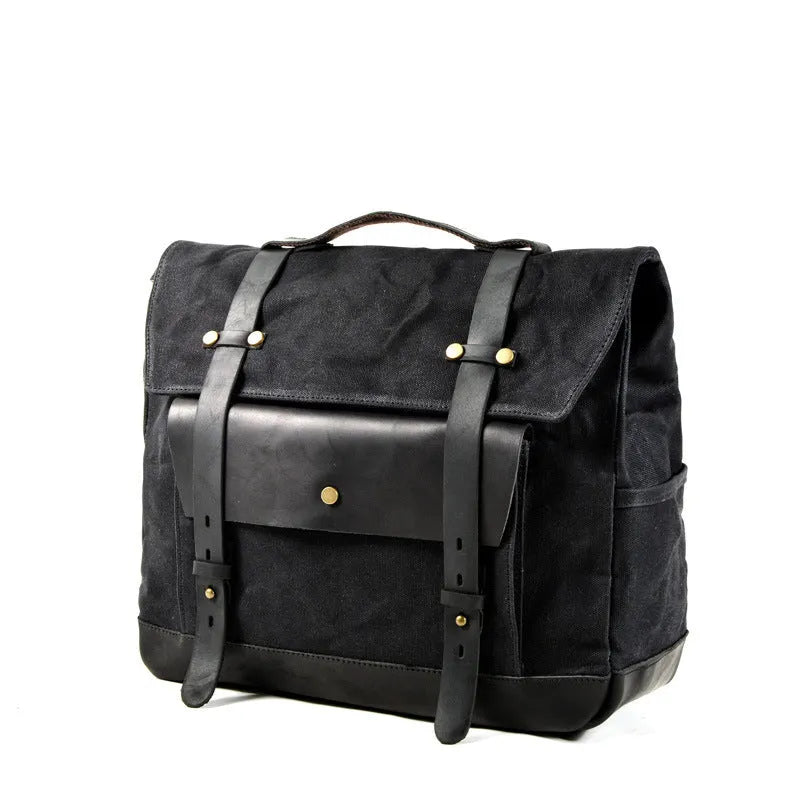 Camel Bag Knight cotton messenger bag in army green, showing main compartment, front flap, and internal document sleeve.