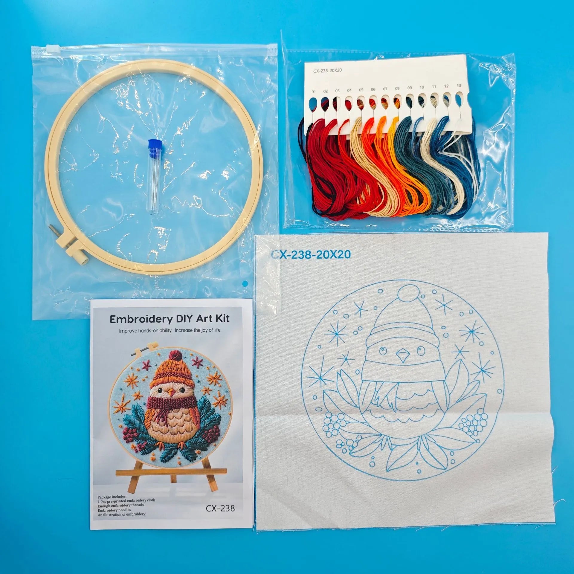 Christmas landscape embroidery DIY kit with 28x28cm cotton linen fabric and 20cm bamboo frame