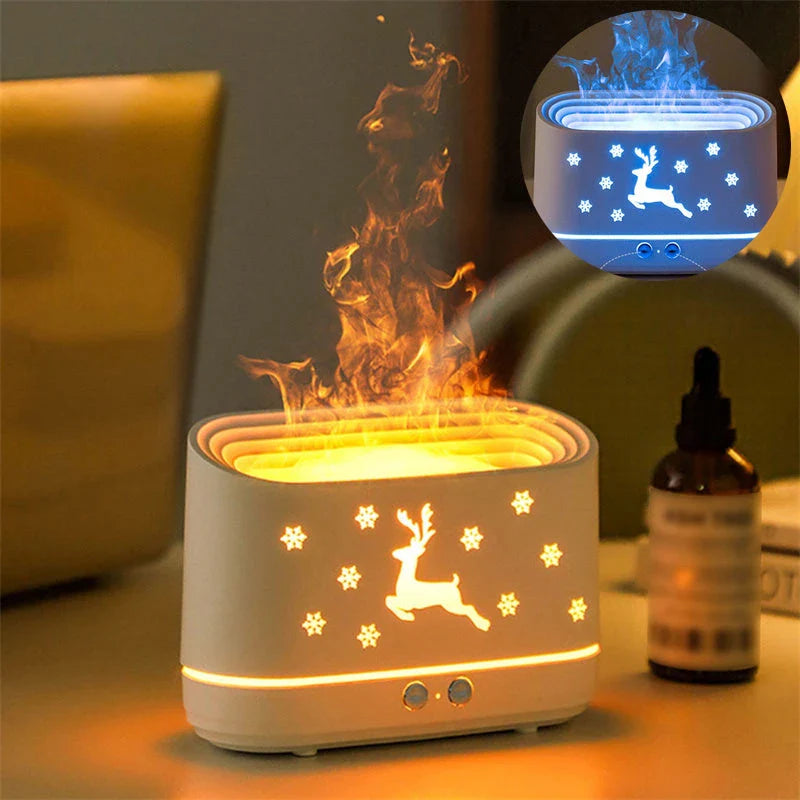 Cozy flame humidifier diffuser with adjustable mist, essential oil diffusion, and mesmerizing flame effect
