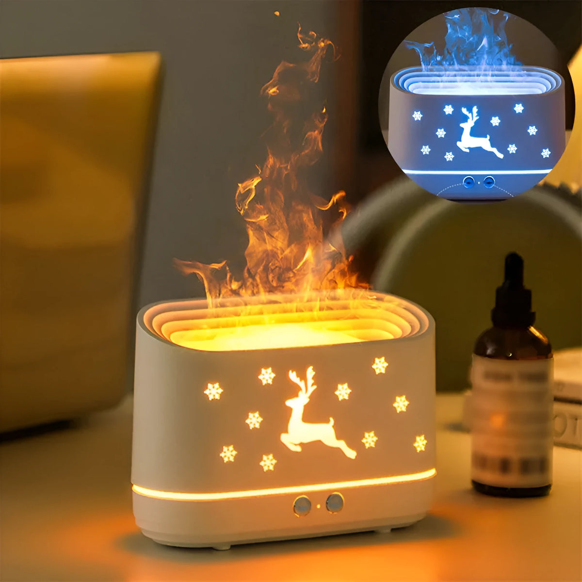 White round Elk flame effect humidifier and essential oil diffuser on a surface with mist and light on.