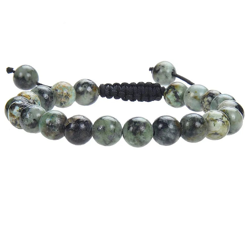 Women's flat knot braided healing bracelet hand-woven with natural gemstone beads in geometric pattern