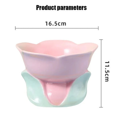 Blue ceramic raised pet bowl with floral pattern and non-slip base for cats or small dogs