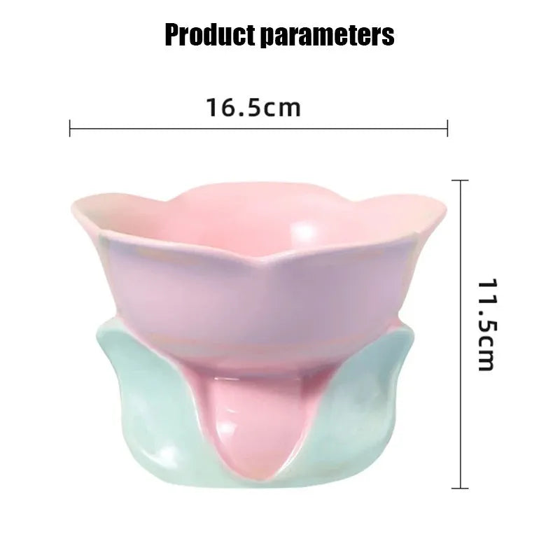 Ceramic raised pet food and water bowl with vibrant floral pattern, elevated design for cats and small dogs, non-slip feeding supplies in blue or pink