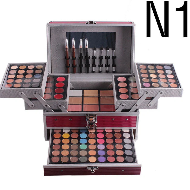 Multifunctional makeup artist kit showing 94 colour eye shadow palette with concealers, lipsticks, and application tools