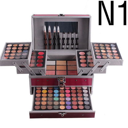 Multifunctional makeup artist kit showing 94 colour eye shadow palette with concealers, lipsticks, and application tools