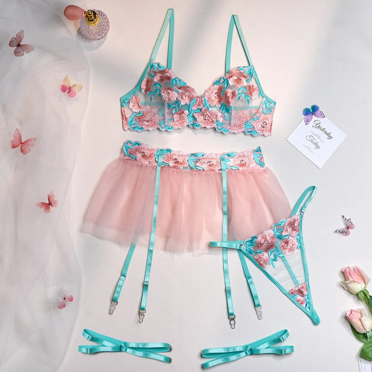 Pink embroidered mesh pettiskirt bikini set for women with matching bra and brief