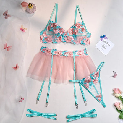 Pink embroidered mesh pettiskirt bikini set for women with matching bra and brief