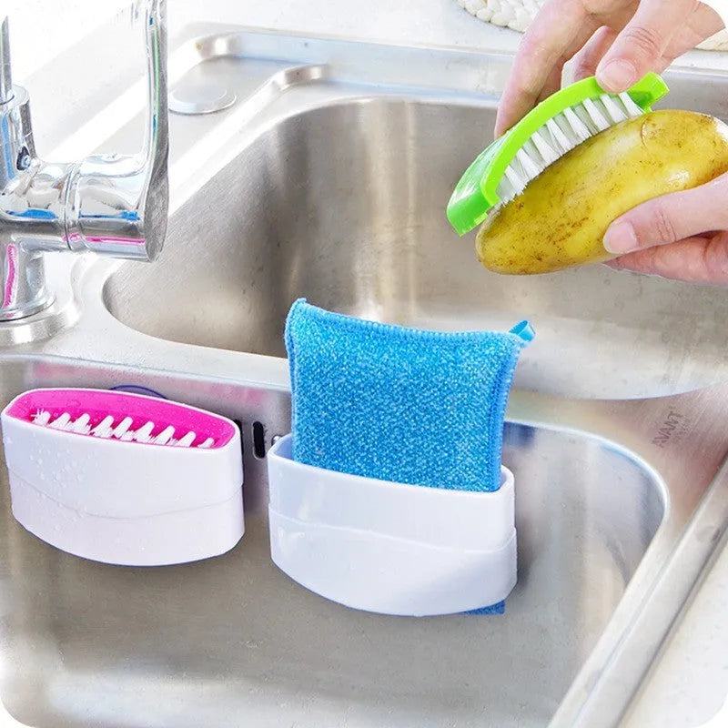 Blue multi-purpose kitchen brush with suction cup for cleaning utensils and vegetables