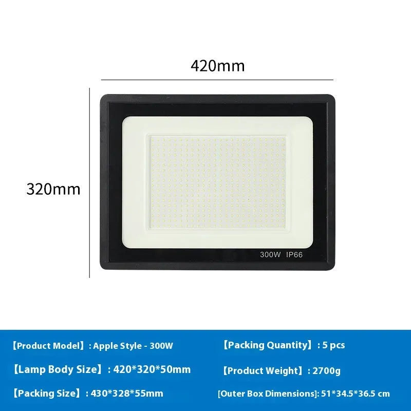 Black LED flood light with aluminium shell and glass cover, IP65 waterproof, 120° beam angle, 10W to 300W, cool white.