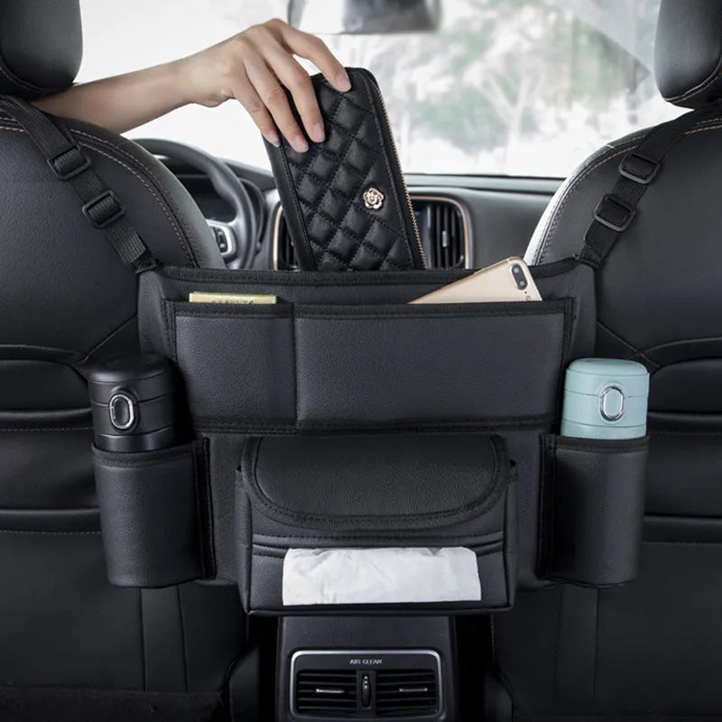 Car Seat Storage Bag between Hanging Armrest Tissue Box Organiser Black Leather Organiser 38x24x15cm for Centre Console Gap with Classic Lychee Grain Sports Carbon Fibre Grain Fashion Grain Textured Design