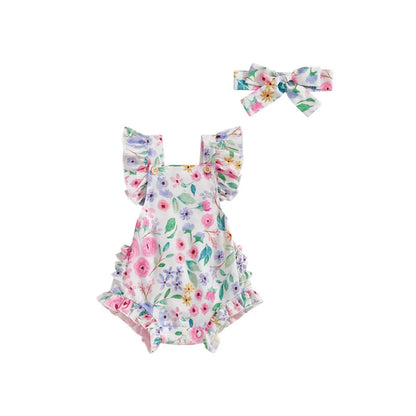 Girls floral print dress with matching headband, short sleeve pullover, available in pink, red, green, and brown, sizes 0-18 months.