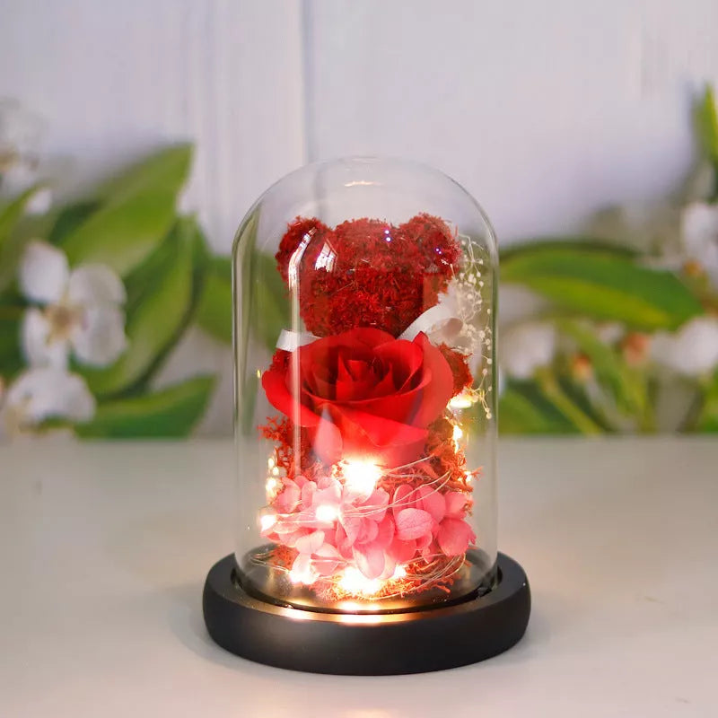 Eternal preserved rose and teddy bear gift box with warm LED lights