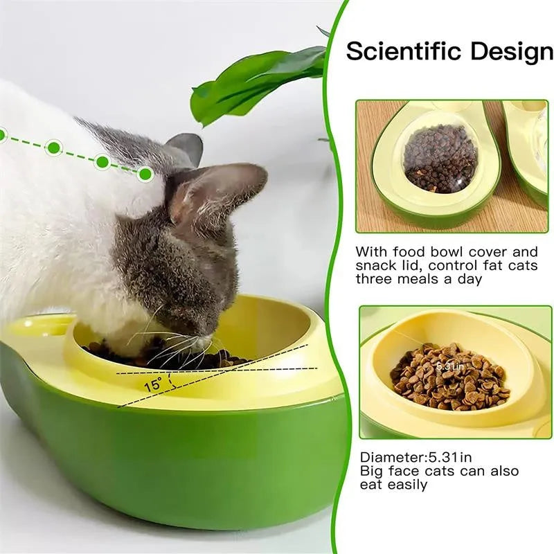 Avocado shaped automatic pet water dispenser and food bowl for cats with slow feeder option