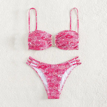Women's floral high-waist bikini swimsuit in solid colour with matching bra and briefs