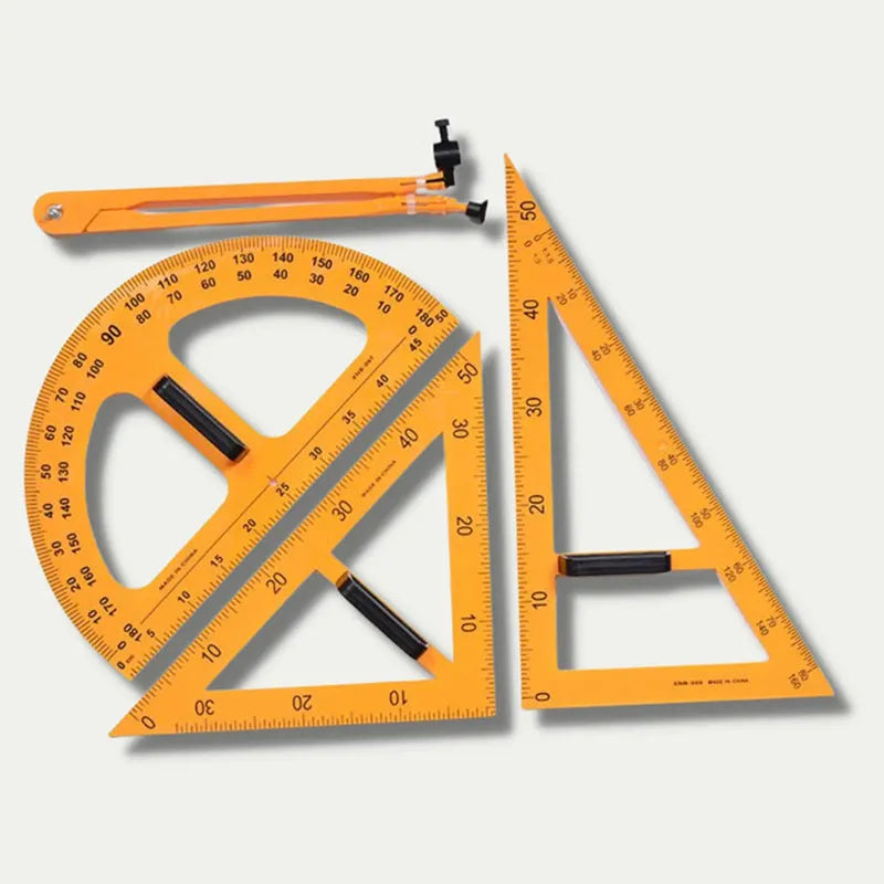 Orange and black mathematics teaching tools set with triangle rulers, protractor and chalk compass