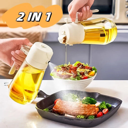 Premium 470mL glass oil sprayer with dual mist and pour functionality, ideal for cooking, baking, and grilling