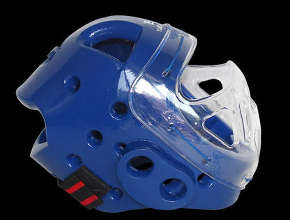 Karate helmet protective headgear in red, white or blue colours available in S, M, L, XL sizes for martial arts training.