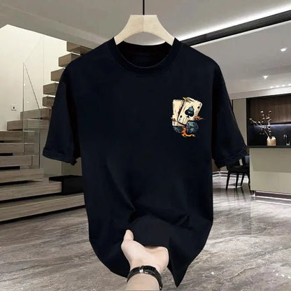 Men's printed heavy cotton T-shirt in black or white with short sleeves